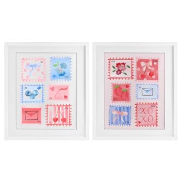 Imagem de Stupell Industries Carimbos adoráveis em azul e rosa 2 peças com moldura branca design conjunto sob vidro por Nina Jacobs, 21 x 17