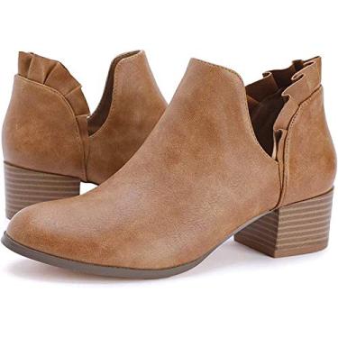 Imagem de Fashare bota feminina recortada outono salto até o tornozelo salto baixo empilhado vestido slip on botas curtas sapatos, Marrom, 8