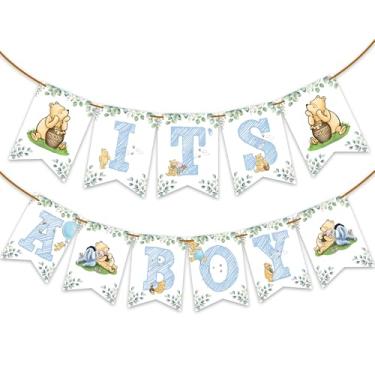 Imagem de Decorações de chá de bebê Winnie - Faixa It's A Boy para meninos - Faixa azul clássica de ursinho e eucalipto - anúncio de recém-nascido revelação de gênero neutro para festa de 1º aniversário
