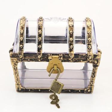 Imagem de ccsxqy Baú de tesouro pirata antigo com fechadura e chave, caixa de armazenamento de joias vintage transparente para decoração de casa