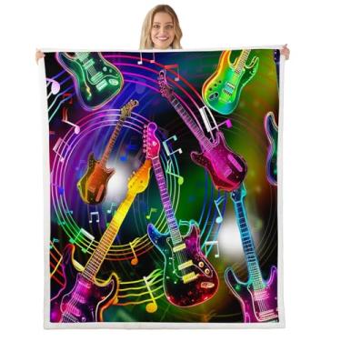 Imagem de Erosebridal Cobertor de guitarra baixo 152 x 203 cm, cobertores e mantas de música rock para crianças, adolescentes e adultos, cobertor de lã com tema de guitarra elétrica, notas musicais, cobertor