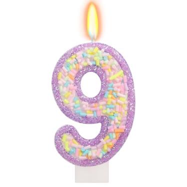 Imagem de ElekFX Vela de aniversário número 9 com granulados, topo de bolo arco-íris de unicórnio roxo pastel, decorações de festa Sweet Candyland para meninas e meninos 9 anos