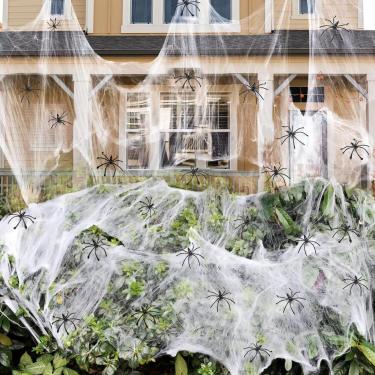 Imagem de (1400 Sqft) - 130sqm Halloween Spider Webs Decorations with 150 Extra Fake Spiders, Super Stretchy Cobwebs for Halloween decor Indoor and Outdoor