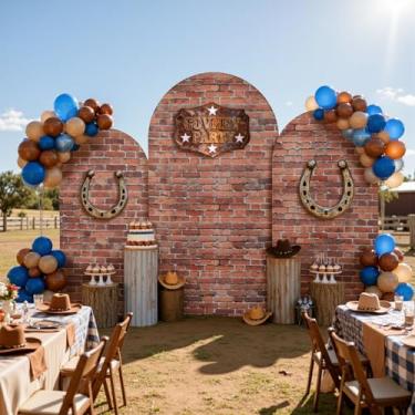 Imagem de Capa de fundo de arco de tijolo vermelho de 2,2 m, 2 m, 1,8 m, conjunto com 3 - fundo vintage com foto de caubói para festa de aniversário, chá de bebê, Dia das Bruxas, elastano elástico, sem rugas