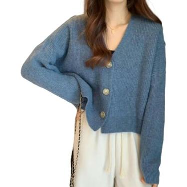 Imagem de Senhoras Cardigan Outono Inverno Decote Em V Solto Slouchy Malhas Manga Comprida Suéter Cardigan Simples All-match Top Feminino, Blue, M 50-55KG