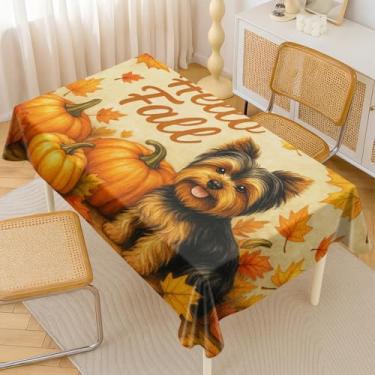 Imagem de HOMETITUTE Toalha de mesa retangular de outono Hello Fall aconchegante rústica Yorkshire Terrier para cães e abóboras, 152 x 203 cm com folhas de outono vibrantes para a temporada de colheita de Ação