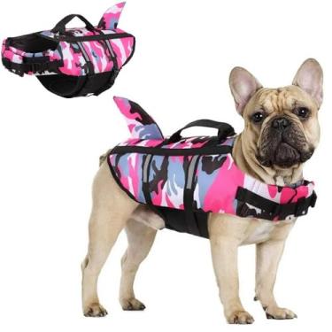 Imagem de Colete Salva-Vidas Pet com Nadadeira de Tubarão – Roupinha de Natação para Cães Camuflada, Segurança e Flutuação para Pets no Verão (Rosa, S)