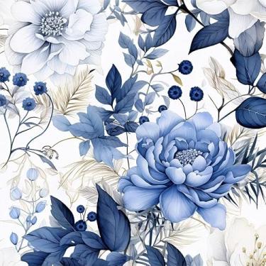 Imagem de Yzogbry Papel de parede branco azul cinza peônia flor descascar e colar decoração de parede autoadesivo papel de parede adesivo fácil de remover contato para apartamento locatário