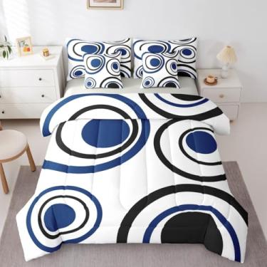 Imagem de Erosebridal Conjunto de edredom solteiro, listrado, branco, azul, preto, moderno, círculo, abstrato, 7 peças, para adultos, mulheres, homens, contemporâneo, linhas de graffiti, cama em uma bolsa