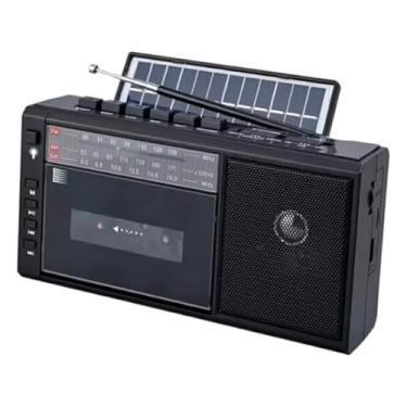 Imagem de MotiveTech Toca-fitas compacto, gravador, design retrô, suporte solar, cartão SD, rádio parque, jardim, viagem, casa, Preto