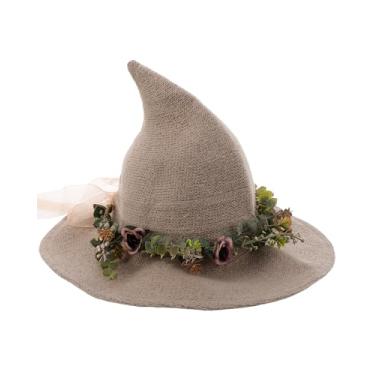 Imagem de RENEMEGO Chapéu de bruxa cáqui feminino - fantasia renascentista chapéus de bruxa de Halloween com eucalipto fruta floresta renfaire fada baile de máscaras LARP Fairycore cosplay acessórios de