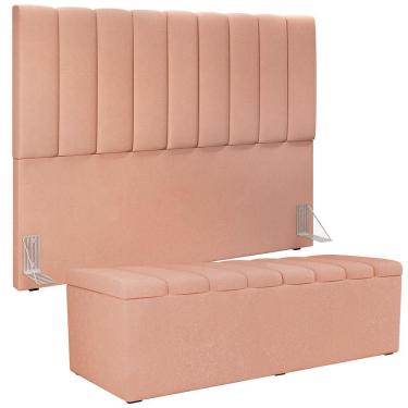 Imagem de Kit Cabeceira Cama Box Casal King 195cm com Calçadeira Baú Dália W01 Linho Rosê - Lyam