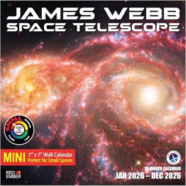 Imagem de RED EMBER Mini calendário de parede James Webb Space Telescope 2026 12 meses | 17,78 cm x 35,56 cm aberto | Papel grosso e resistente | Presente | Calendário 2026