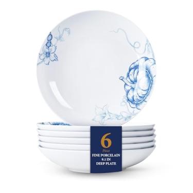 Imagem de Conjunto de 6 tigelas de porcelana Minh longas de 23 cm, pratos redondos para salada profunda, resistente a lascas, azul, branco, tigela de jantar de Ação de Graças, pratos seguros para lava-louças e
