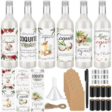 Imagem de Potchen Conjunto de 12 garrafas de vinho de plástico de Coquito de Natal de 750 ml para garrafas de licor de coquito herméticas vazias e vazias com etiquetas adesivas e tampa para fabricação de