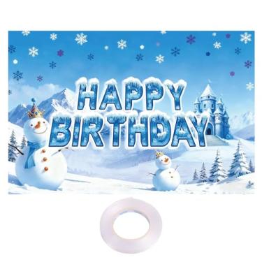 Imagem de Fundo Aniversário Inverno, 150x100cm Boneco Neve & Montanha Neve Tema Happy Birthday Banner Fundo Foto Reutilizável Decorações Parede Festa Natal para Crianças Meninas Princesa Fotografia
