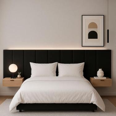 Imagem de Cabeceira 7 Módulos Estofado Placa Cama Box Adesiva Casal (Preto)