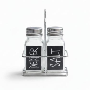 Imagem de Saleiro e Pimenteiro de Vidro com Suporte Aramado Prata 2 Peças 100ml 