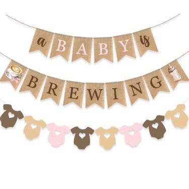 Imagem de A Baby Is Brewing Banner Coffee Bean Decoração de Chá de Bebê Gênero Revelar Roupas Linha Bodysuit Guirlandas Rosa