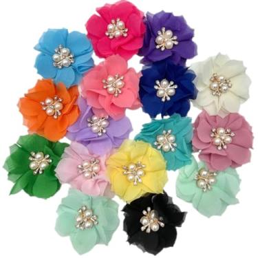 Imagem de Lmlliang Flores de tecido, 16 peças, cor mista, chiffon, strass, flor de tecido com babados e costas planas para fazer tiaras de cabeça, flores artesanais, aplique de costura de 60 mm