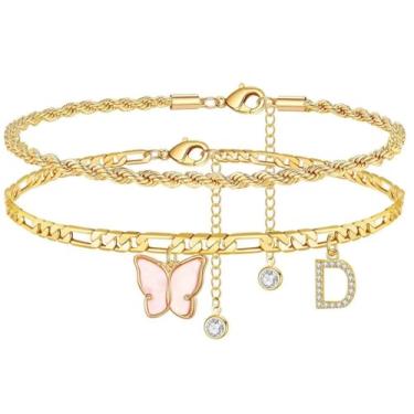 Imagem de Tornozeleira banhada a ouro com strass rosa borboleta inicial para mulheres, delicada corrente de elos ajustáveis, presente de joias para festivais de verão., Medium, Latão, Sem Pedra Preciosa