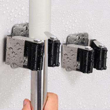Imagem de 2 conjuntos de suportes de vassoura de esfregão fixados na parede com parafusos montados prateleiras de banheiro para cozinha doméstica 4,5 x 5 x 4 cm, prata e preto