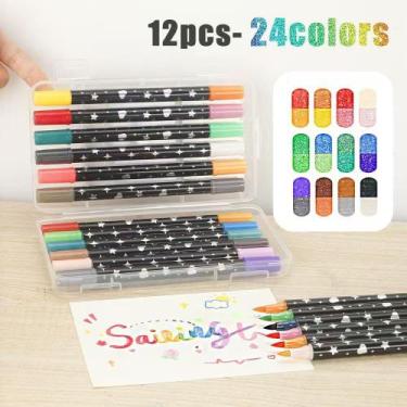 Imagem de Canetas Marcadoras Glitter Ponta Dupla Brilhante 24 Cores 12 Canetas -
