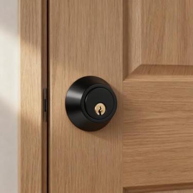 Imagem de Fechadura de fechadura, níquel acetinado redondo porta de entrada frontal com chave externa, segurança SmartKey Rekey resistente a palhetas, parafuso morto de cilindro único, preto