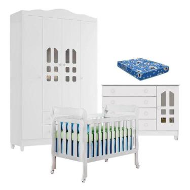 Imagem de Quarto De Bebê New Selena 4 Portas Com Berço Lila E Cômoda Gran Selena Branco Brilho E Colchão Ortobom – Carolina Móveis