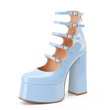 Imagem de Perisis Botas femininas plataforma Mary Janes salto alto bloco grosso cano curto bico fechado botas botas gótico lolita sapatos, Azul claro, 42
