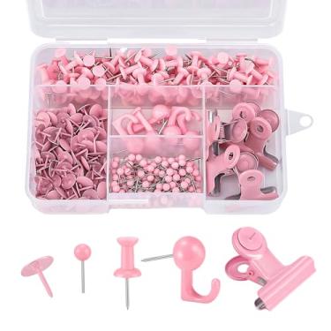 Imagem de Conjunto de 310 alfinetes, tachas de polegar rosa para quadro de cortiça com clipe de gancho 5 estilos acessórios de escritório para quadro de cortiça mapa escritório (rosa)