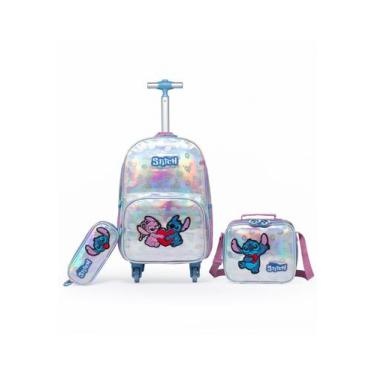Imagem de Kit Mochila Rodinha Disney Lancheira Estojo Escolar Stitch