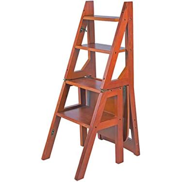 Imagem de Banqueta dobrável de madeira para cadeira de escada portátil escada multifuncional escada escada cadeira para biblioteca doméstica 4 bancos de degraus para quarto armário quarto degrau (marrom)