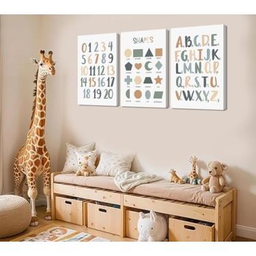 Imagem de Conjunto de 3 telas de parede para sala de jogos infantis com números de mesa ABC alfabeto para sala de jogos de jardim de infância para berçário, bebê, criança, menino, quarto de menina, sala de aula