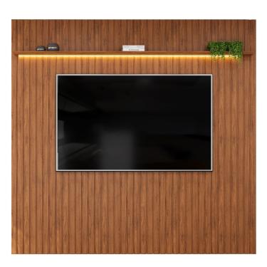 Imagem de Painel Para Tv Até 85 Polegadas 2,50m Ripado Autêntico com Led e Prateleira Montreal Madeirado