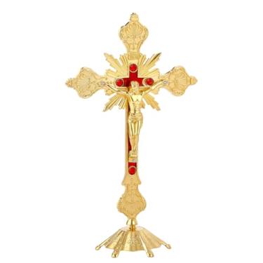 Imagem de HOBBIESAY Crucifixo de liga de 24,5 cm crucifixo crucifixo espiritual cristão Jerusalém estátua de cruz dourada com base para parede de mesa, decoração de igreja, presente batismal