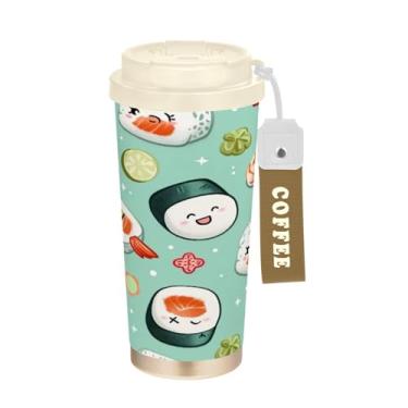 Imagem de Blueangle Caneca de café com isolamento térmico Sushi Kawaii - Copo de aço inoxidável à prova de derramamento e vazamento para acampamento e ar livre, garrafa de água reutilizável de 500 ml com tampa