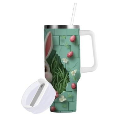 Imagem de Blueangle Copo de coelho da Páscoa de 850 g com alça e tampa de palha, copo isolado reutilizável de aço inoxidável garrafa de água caneca de viagem (168)
