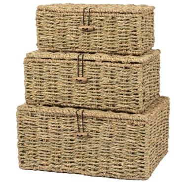 Imagem de Cestas de vime tecidas à mão, caixas de armazenamento decorativas com tampas, conjunto de 3, ervas marinhas naturais, caixas organizadoras para armário, prateleira, decoração de casa