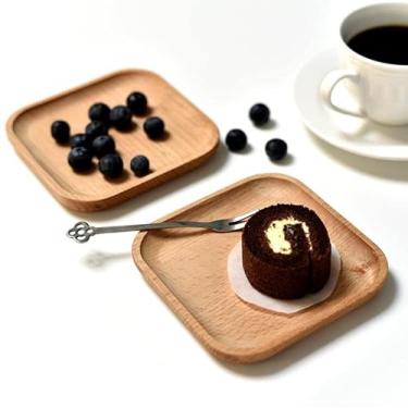 Imagem de Conjunto de 2 bandejas quadradas de madeira – pratos de madeira natural de 12 x 12 cm para bolo, queijo, sobremesa, joias e armazenamento de chaves, utensílios de mesa decorativos para mesa de café e