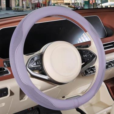 Imagem de Binsheo Capa de volante de couro Nappa, tecido respirável antiderrapante de couro de microfibra avançado, quente no inverno e fresco no verão, roxo grande 39,4 cm a 40,6 cm