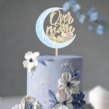 Imagem de Over the Moon Cake Topper - Baby Shower, Gender Reveals Cake Top Hat, Birthday Party Cake Decorations, Rustic Wood, Studio Photo Props, Large Size, 5.25x8.56inches