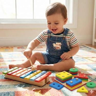 Imagem de Brinquedo Pedagógico Educativo Madeira MDF Prancha Seleção Infantil Encaixe Formas Geométricas (Prancha + Xilofone)