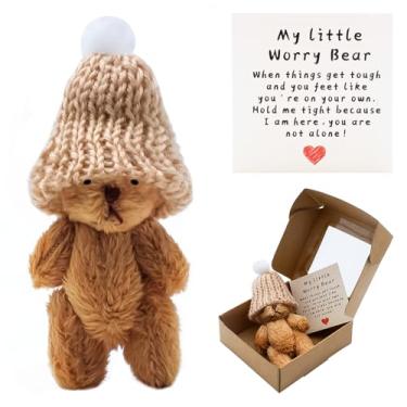Imagem de Mini urso preocupado com um chapéu, mini ursos positivos, pequenos ursos preocupados em uma caixa com pequeno cartão de incentivo, urso de bolso macio feito à mão para amantes, família, amigos