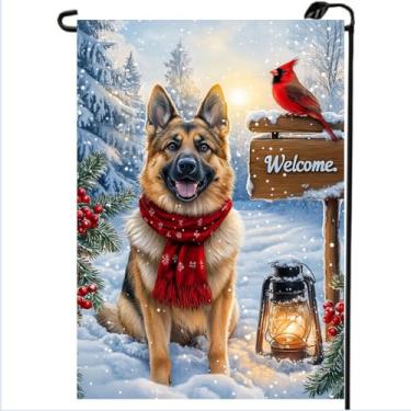 Imagem de Welcome Winter Garden Flags 30,5 x 45,7 cm dupla face, pequena serapilheira festiva neve pastor alemão bandeira de jardim inverno Natal decorações de quintal ao ar livre bandeiras de gramado para