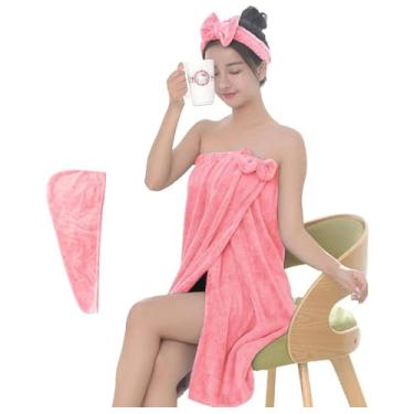 Imagem de Hysunland Conjunto de vestido de toalha de banho rosa para mulheres jovens, toalha de banho de microfibra macia para o Natal, toalha de banho para dormitório feminino com toalha de banho e faixa de