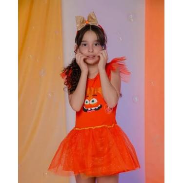 Imagem de Fantasia Infantil Ansiedade, Vestido Laranja com Tule Brilhante, Tiara com Laço Dourado, Traje de Festa - Tam 4 anos