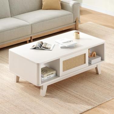 Imagem de Soohow Mesa de centro, mesas de sala de estar de meados do século com armazenamento, quadrado moderno com gaveta de vime, mesa de madeira para sala de estar com perna de madeira maciça