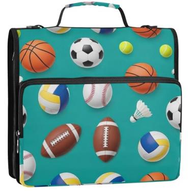 Imagem de Organizador de fichário engraçado com zíper, 3 argolas, bolas esportivas resistentes, bolas de futebol, pasta de portfólio de armazenamento com alça escolar bolsa com alça de ombro 34,5 x 31,5 x 9 cm