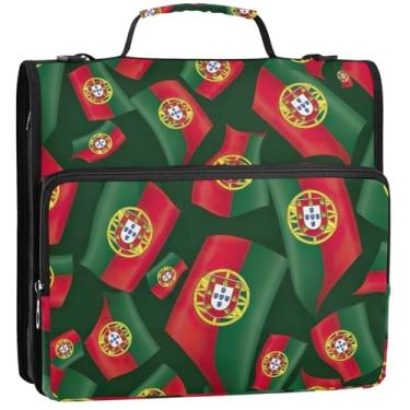 Imagem de Organizador de fichário com zíper verde Flag Portugal, 3 fichários de 3,8 cm, bolsa de fichário com alça para portfólio escolar e suporte de pasta de anéis, 34,5 x 31,5 x 9 cm